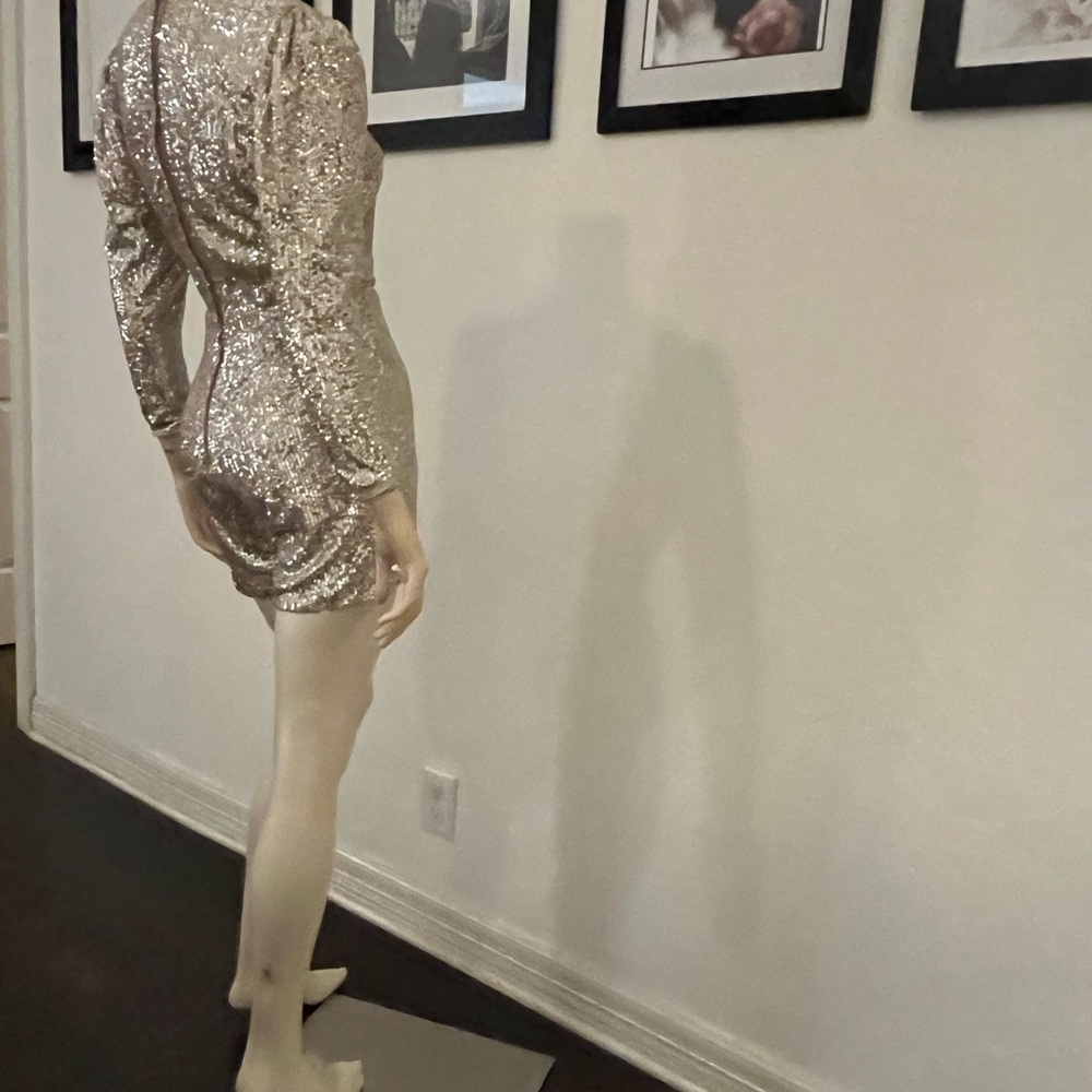 Front cross V neck silver jumpsuit skort, long sleeve, zipper, sequin romper
